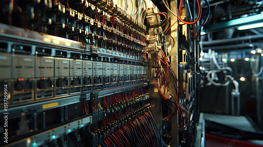 Naklejka premium Server Room with Complex Wiring and Network Equipment