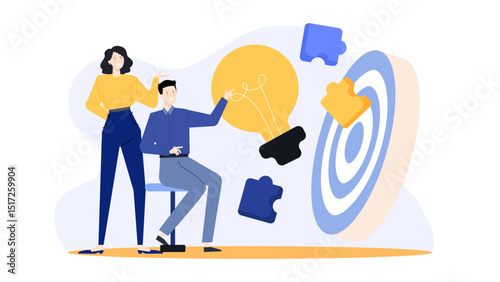 Two people pointing to a lightbulb near a target. Suitable for business goals, teamwork, idea generation concepts in designs.