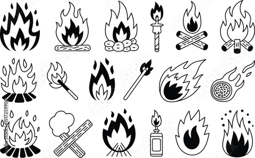 Black and white vector illustrations featuring various fire related elements including campfires flames matches and fire torches