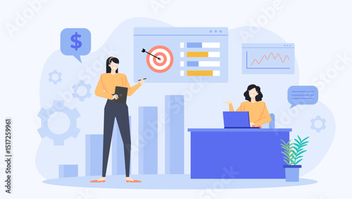 Two women presenting graphs and target with dollar sign. Perfect for financial presentations, business reports, marketing strategies, and economic analysis.