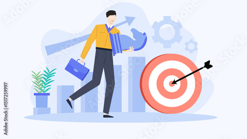 Man strategically walks towards target with chess piece in hand, ideal for strategic planning concepts or business competition visualization.