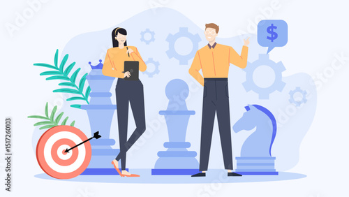 Two businesspeople strategizing near chess pieces and a target; ideal for illustrating teamwork, strategic planning, business competitiveness in presentations.