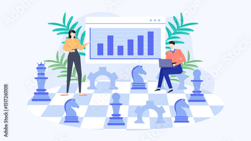 Business strategy illustrated with people on a chessboard. Suitable for presentations on teamwork, leadership, and strategic planning in business.
