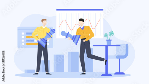 Two men strategically hold oversized chess pieces in an office, perfect for business tactics, competition, strategy, leadership concepts.