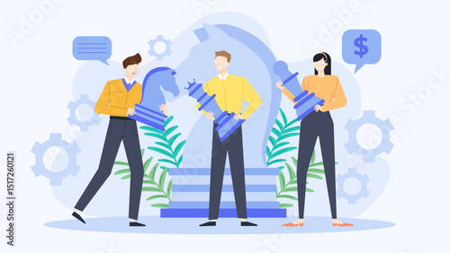 Three people holding chess pieces with dollar sign suitable for finance, strategy, investment concepts, depicting teamwork, competition, financial planning.