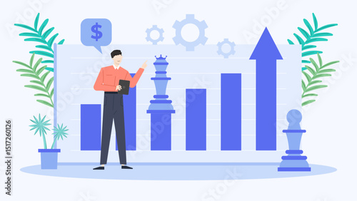Man pointing at a graph indicating business growth, suitable for presentations, reports, marketing materials, and financial articles highlighting success metrics.