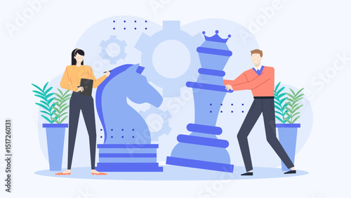 Two people engaged in a strategic game of chess with blue pieces. Suitable for business strategy or competition concepts.