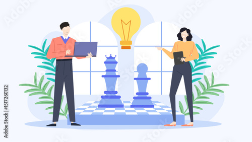 Two people strategizing by chessboard and light bulb. Suitable for business concepts, teamwork, brainstorming, innovation, and problem-solving projects.