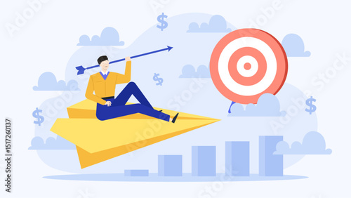 The image features a man soaring on a paper airplane aiming for a target. Its perfect for portraying determination, goalsetting, and success concepts.