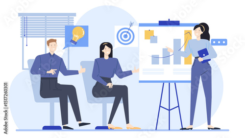 Woman presenting a business plan to two colleagues in a meeting room. Suitable for business presentations, teamwork concept, corporate communications.