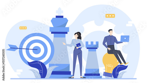 Two people strategizing near chess pieces and a target, perfect for representing teamwork, strategy, competition, and goalsetting concepts.