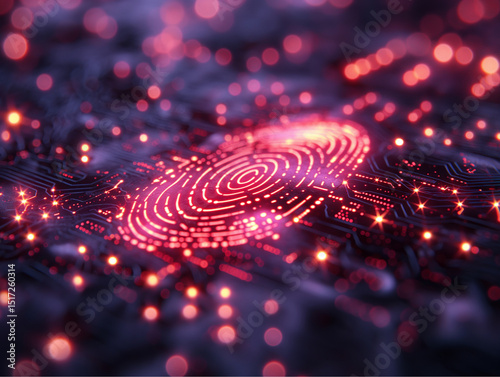 Biometric fingerprint scan glowing in digital matrix. Cybersecurity identification concept. Ideal for illustrating secure access or data protection systems.

