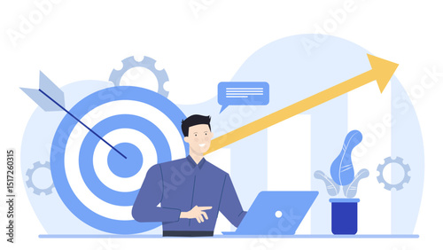 Businessman working on laptop with target behind. Suitable for business goals, planning, strategy, success, working remotely, and achievement.