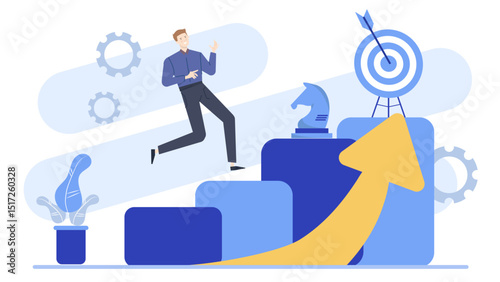 Man running up staircase towards target. Suitable for motivation, determination, success concepts, business goals, competition, sports, achievement visuals.