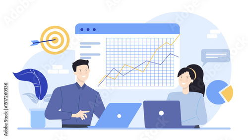 Two people analyzing a positive results graph. Suitable for business presentations, teamwork concepts, financial reports, and data analysis content.