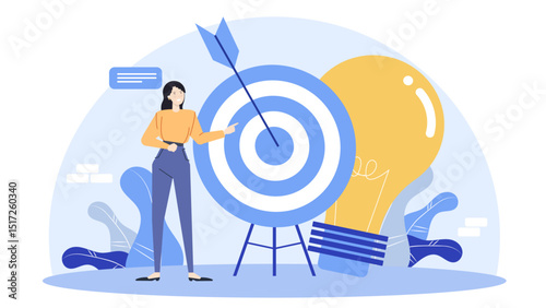 Female pointing at blue target with arrow and lightbulb, symbolizing targeting ideas or goals. Perfect for business strategy or goalsetting concepts.