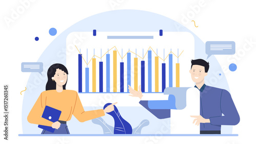 Business colleagues analyzing data on a chart. Suitable for presentations, teamwork concepts, corporate discussions, office meetings, financial reports illustrations.