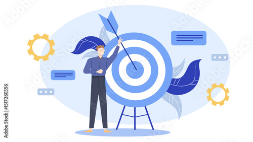 Man hits target bullseye with arrow, symbolizing success or achievement, suitable for business, goal setting, and competitive concepts in marketing materials.