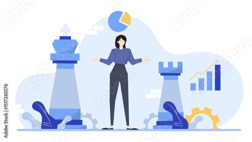 Woman stands amid two chess pieces. Perfect for strategy, leadership, decision making, competition, and success concepts in business and life.