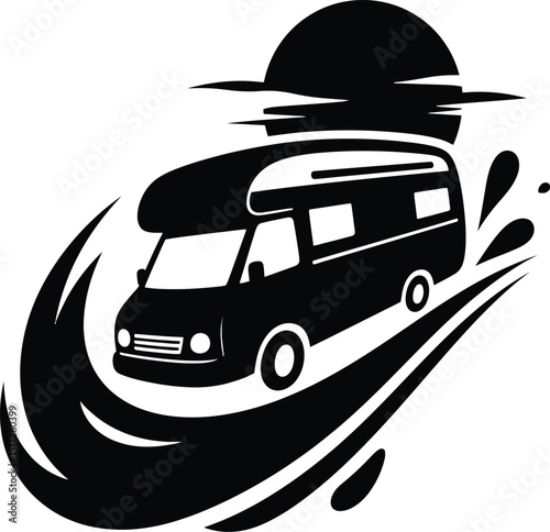 A black and white illustration of a camper van driving on a road with a sun in the background silhouette