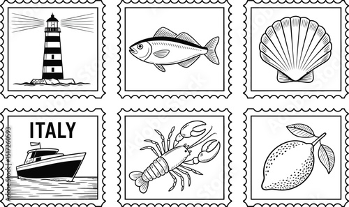 Charming black and white illustrated stamps featuring italian nautical elements and culinary delights
