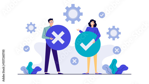 Two people holding a check mark and an x suitable for decision-making, debates, voting, opinions, agreement, disagreement concepts.