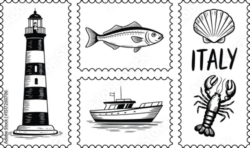 Italian themed vintage black and white illustration featuring nautical elements seafood and the word italy