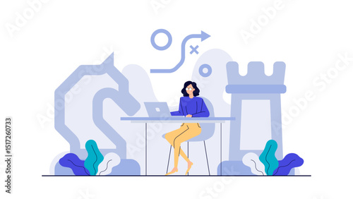 Woman playing chess on a laptop. Suitable for strategy, decision-making, gaming, chess related concepts, business, online gaming, and technology themes.