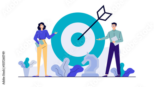 Dynamic image of two people standing near a target with an arrow on it. Suitable for business, success, teamwork, and achievement concepts.