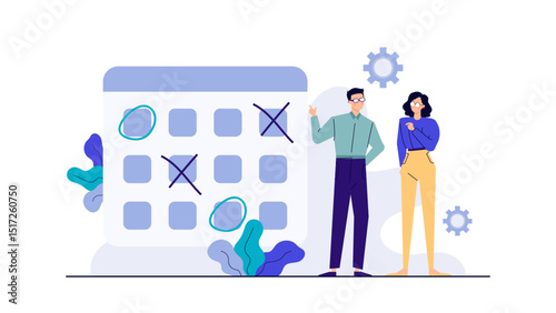 Two people standing next to a calendar with gears. Suitable for business scheduling, time management, project planning concepts.