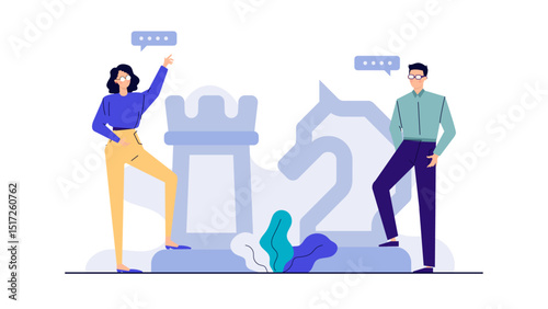 Two people next to chess pieces, suitable for strategic planning, teamwork concepts, business strategies, competitive intelligence, decision making themes.