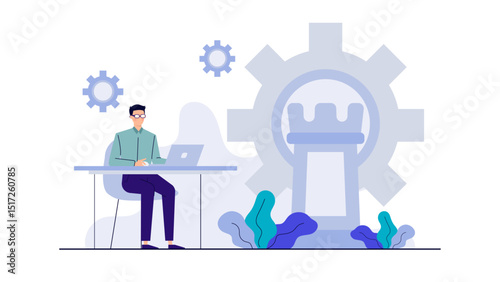 Man working on laptop in front of large gear. Suitable for technology, engineering, and innovation concepts in business presentations or articles.