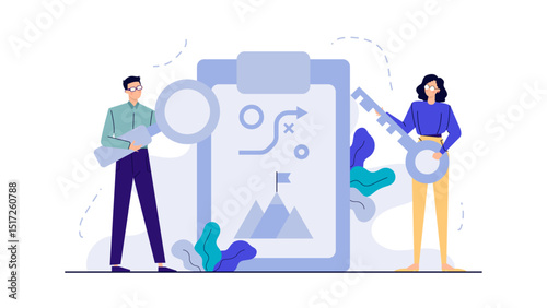 Conceptual image of teamwork and exploration with key, magnifying glass, clipboard with mountain and flag. Ideal for teamwork concepts.