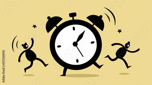 Alarm Bells and Bargains A vintagestyle alarm clock with clear hands stuck at midnight ringing wildly. Silhouettes of people excited and animated rush towards a bright SALE TIME