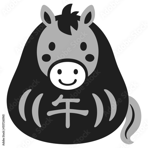 午のだるまの和風アイコンイラスト　モノクロ