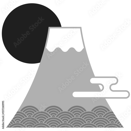 富士山と初日の出のアイコンイラスト（一富士、二鷹、三茄子）　モノクロ