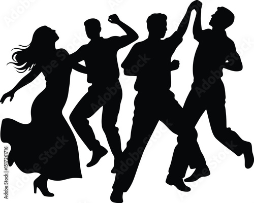 A silhouette of four people dancing together with arms raised in a celebratory pose on white background