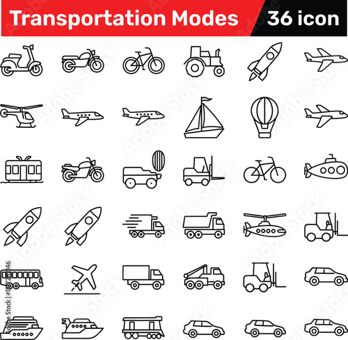 Simple outlined icons representing diverse modes of transportation including air and land travel