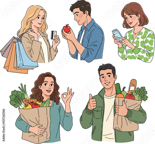 Diverse people engaging in daily activities of shopping eating and using technology