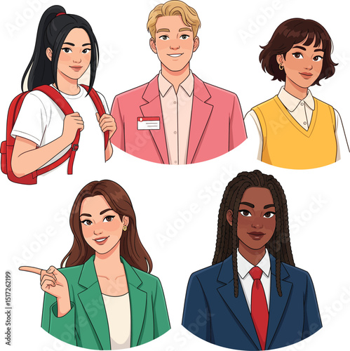 Diverse group of professional and student characters in vector portrait illustrations