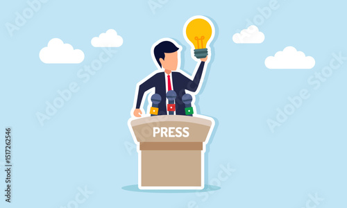 Businessman on podium at press conference holding light bulb representing successful business idea implementation