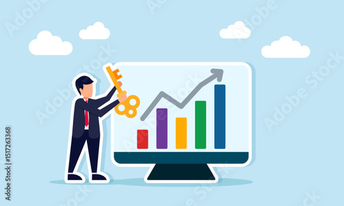 Businessman holding key beside monitor displaying rising graph representing business performance improvement solution