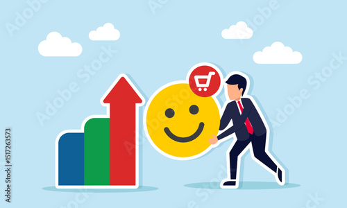 Businessman standing beside graph holding happy emoticon with chart icon representing positive response to increased product sales