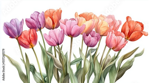 Watercolor tulip painting on white background, delicate floral watercolor tulip painting for prints, featuring elegant watercolor tulip painting as botanical wall art 