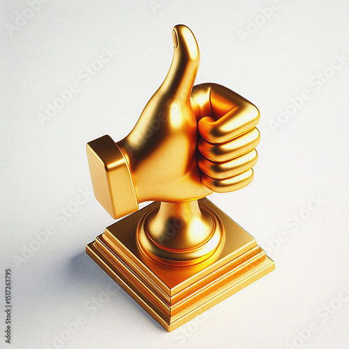 Gold thumbs up honor achievement trophy. A video game gold bright and clean thumbs up achievement trophy with white solid background. 
