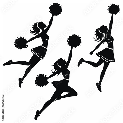 Cheerleader Silhouettes Leap with Pom Poms, Expressing Energy and Team Spirit, Ideal for Sport Graphics and Design Elements