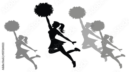 Cheerleader Silhouette Jumps Up, Representing Team Spirit, Isolated on White Background, Illustration with shadow effect