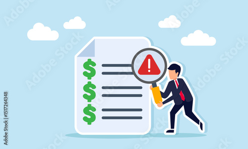 Businessman examining document with dollar list using magnifying glass marked with attention illustration of caution over budgeting to achieve stable company financial condition