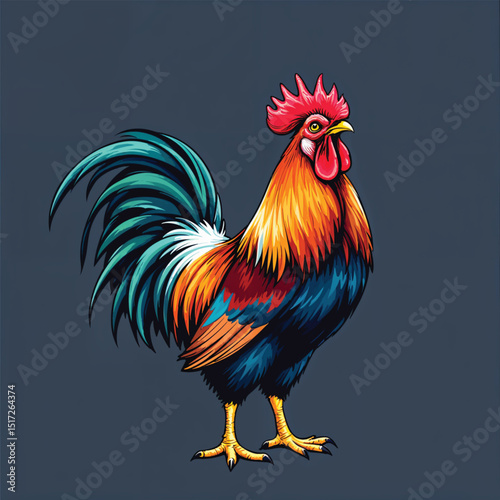 Colorful rooster with vibrant plumage isolated on white background, a proud farm animal