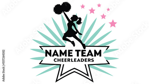 Cheerleader Silhouette Jumps enthusiastically in a team logo design, conveying spirit and energy, with graphic rays and stars.